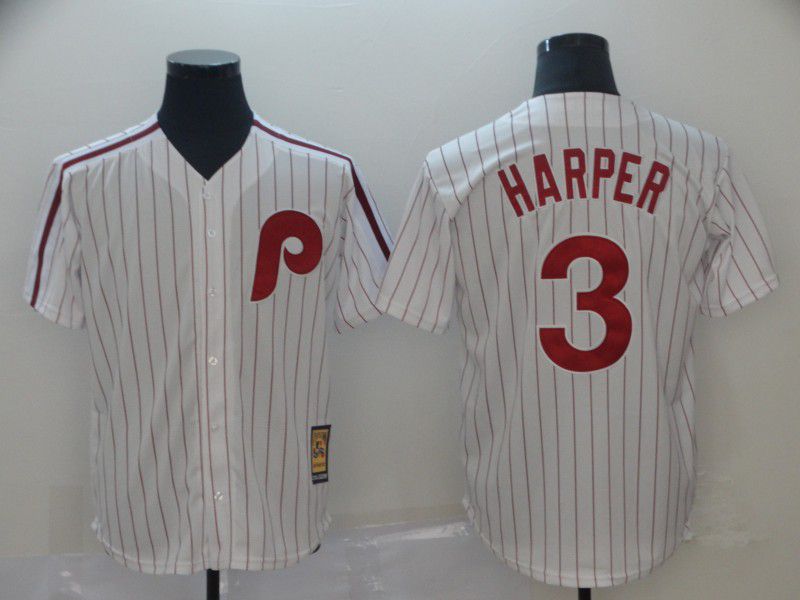 Men Philadelphia Phillies 3 Harper White Throwback MLB Jerseys